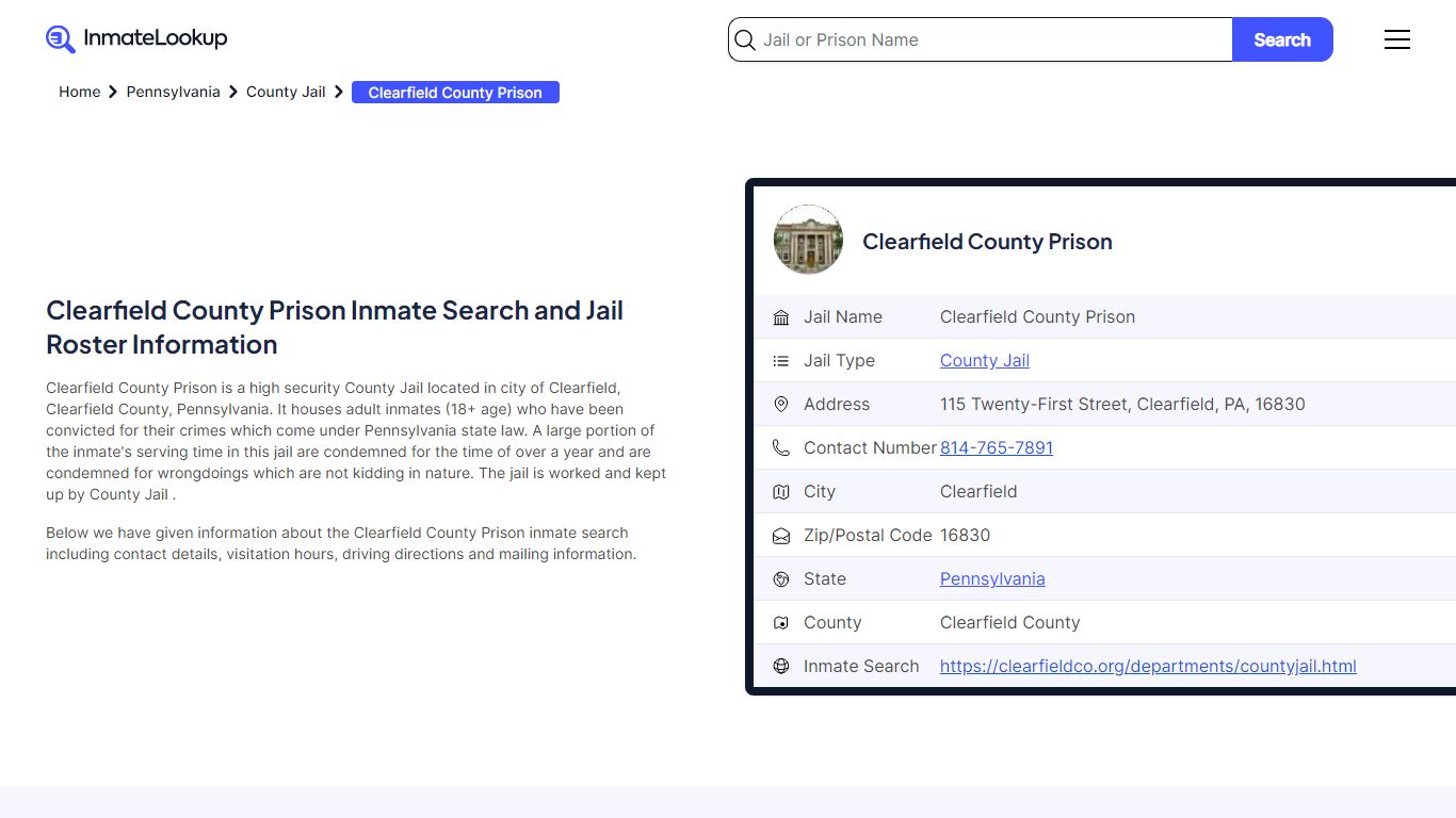 Clearfield County Prison (PA) Inmate Search Pennsylvania - Inmate Lookup